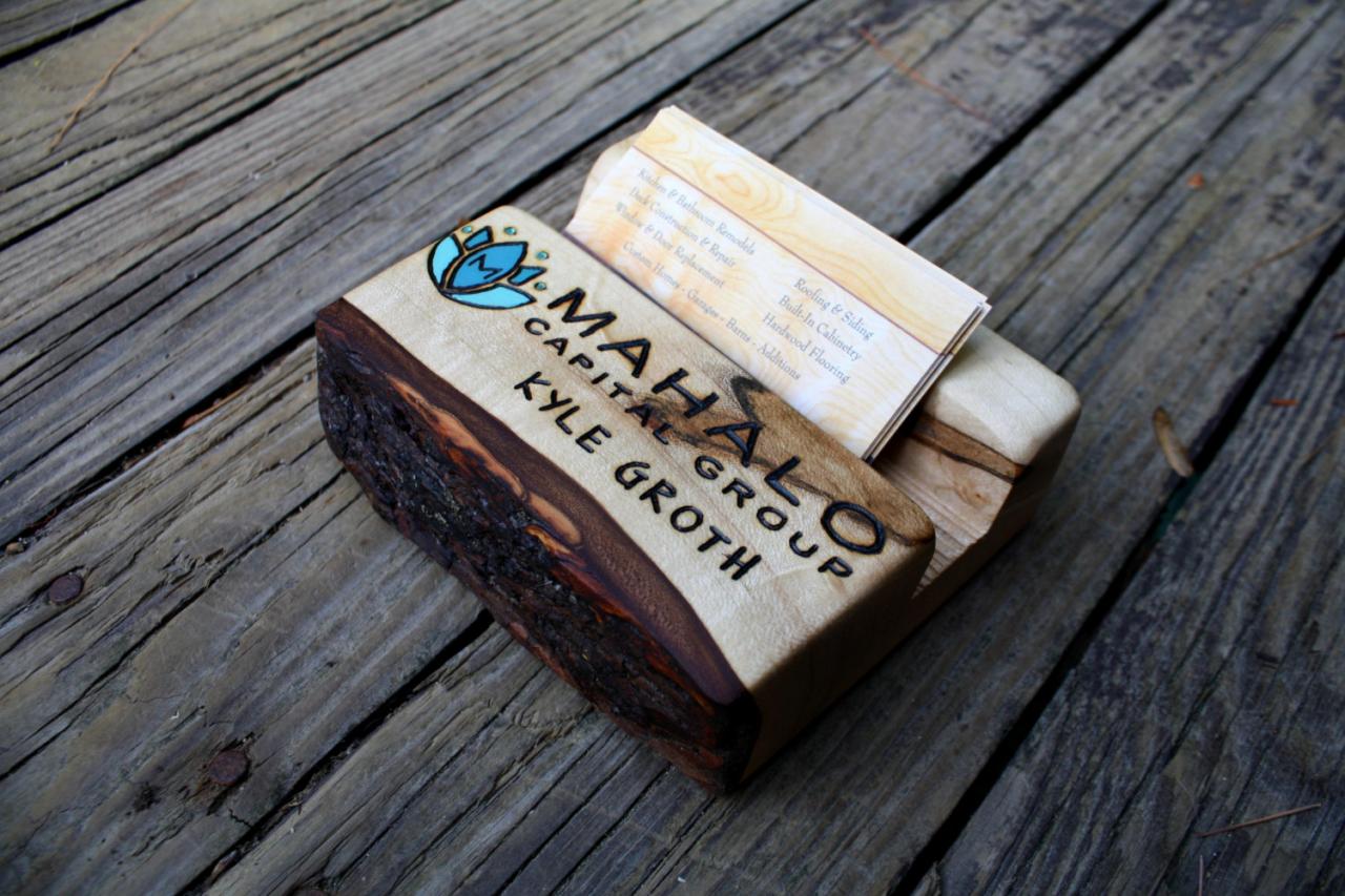 Personalized Business Card Holder - Rustic Wood - Fathers Day Gift- Office Gift, Dad Gift, Husband Gift - Custom Engraving Included